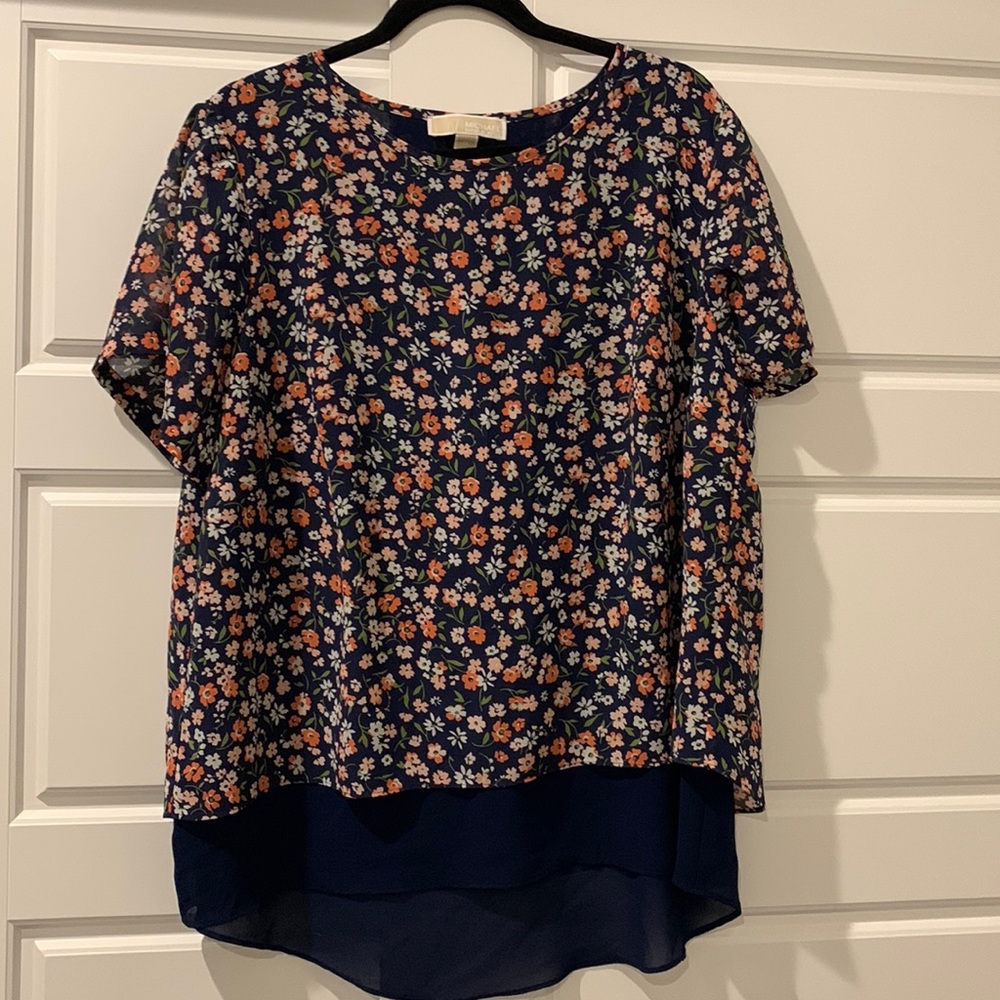 Blue and peach floral blouse with split back
